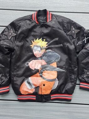 Naruto Reason Graphic Black Bomber Jacket with Orange Accent Satin Men S